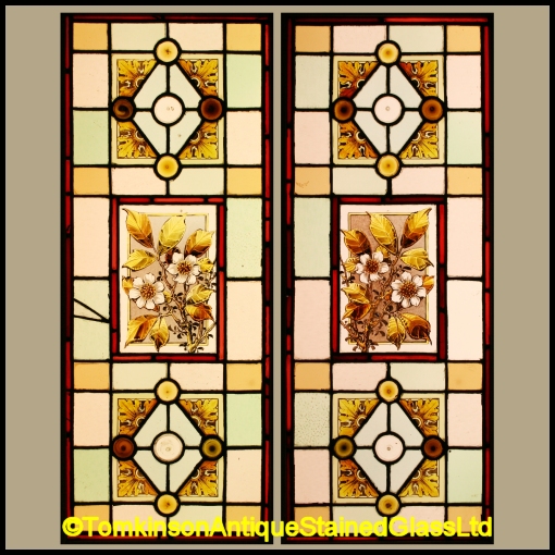Ref Ed344 2 Antique Stained Glass Windows Pair Of