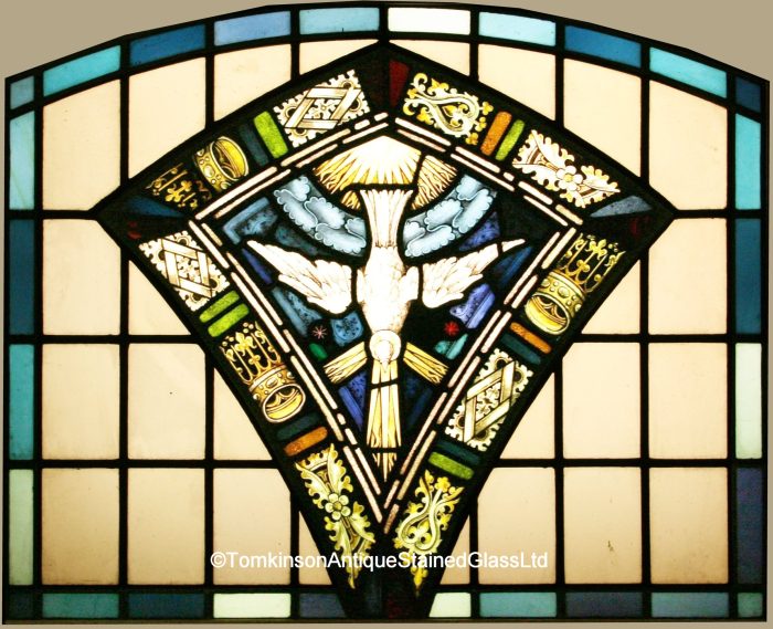 Ref: Rel298 -  Antique Religious Church Stained Glass Window - "Dove of Peace" - Image 2