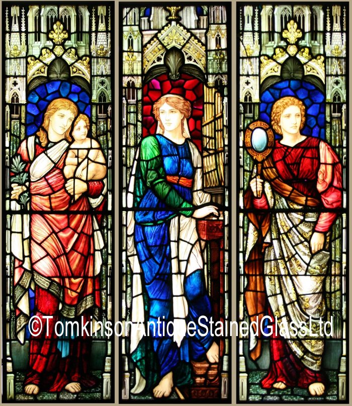 Ref: Vic484 - 3 Antique Victorian Stained Glass Windows - "Love ~ Music ~ Vanity" Classical Maidens By Henry Holiday 1839-1927 - Image 2