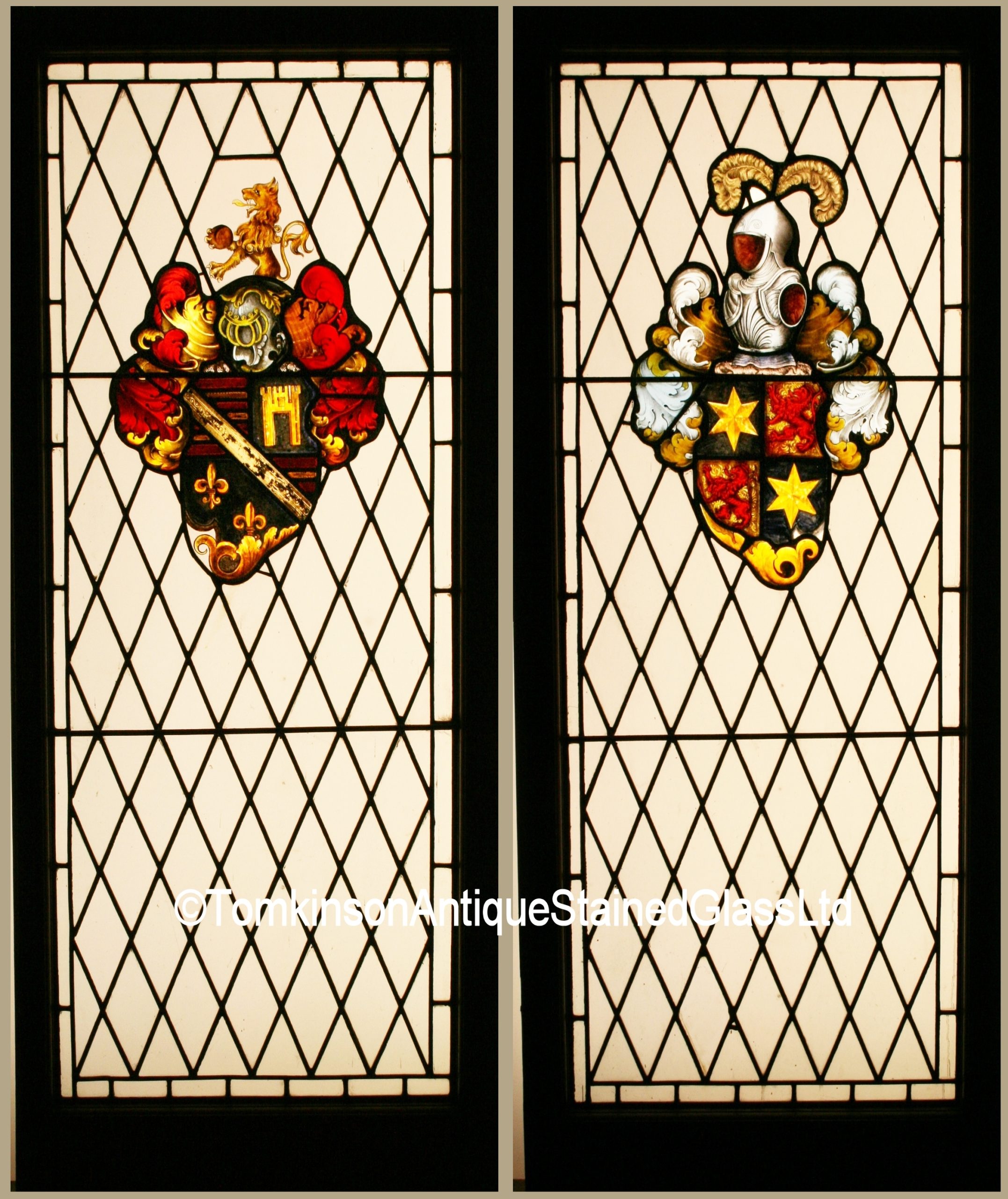 Ref: Ed308 - 2 Edwardian Stained Glass Windows - "Heraldic ~ Armorial ~ Coat of Arms" - Image 2
