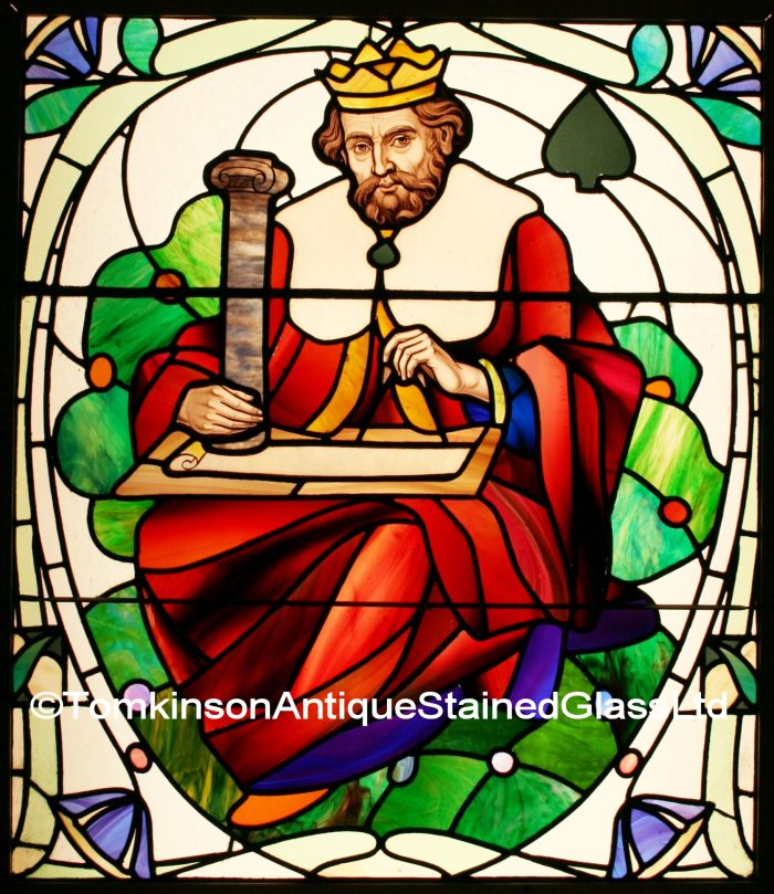 Ref: Ed306 - 2 Edwardian Stained Glass Windows - "King of Spades - Queen of Hearts" - Image 2