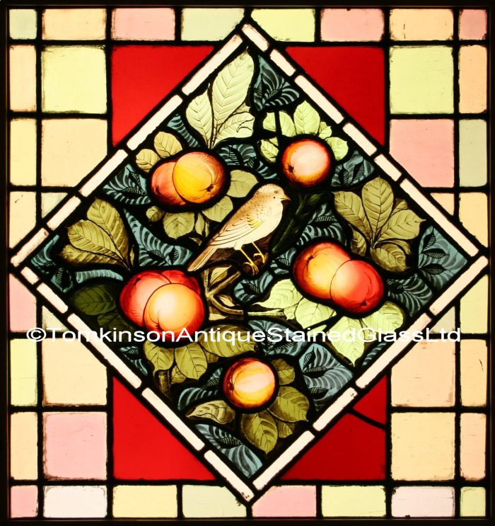 Ref: Vic460 - 2 Antique Victorian Stained Glass Windows - "Dicky Birds & Apples" - Image 2