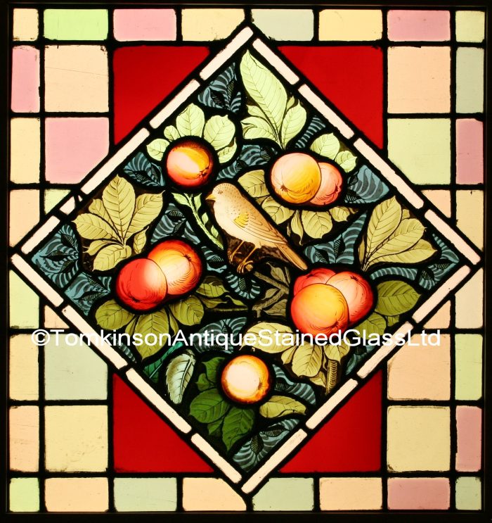 Ref: Vic460 - 2 Antique Victorian Stained Glass Windows - "Dicky Birds & Apples" - Image 3