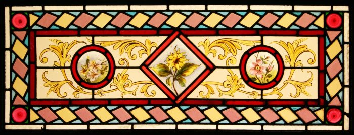 Ref: Vic486 - 2 Antique Victorian Stained Glass Windows - "Flowers & Bird Transom" - Image 2