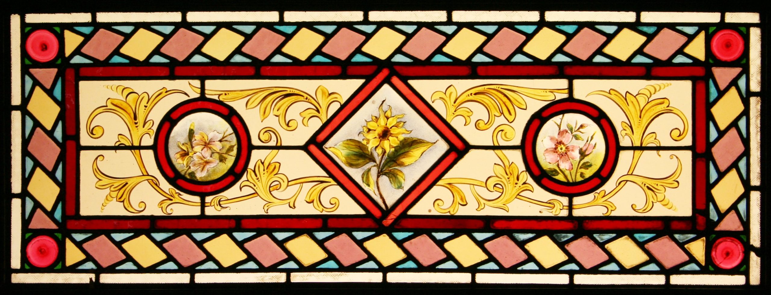 Ref: Vic486 - 2 Antique Victorian Stained Glass Windows - "Flowers & Bird Transom" - Image 2