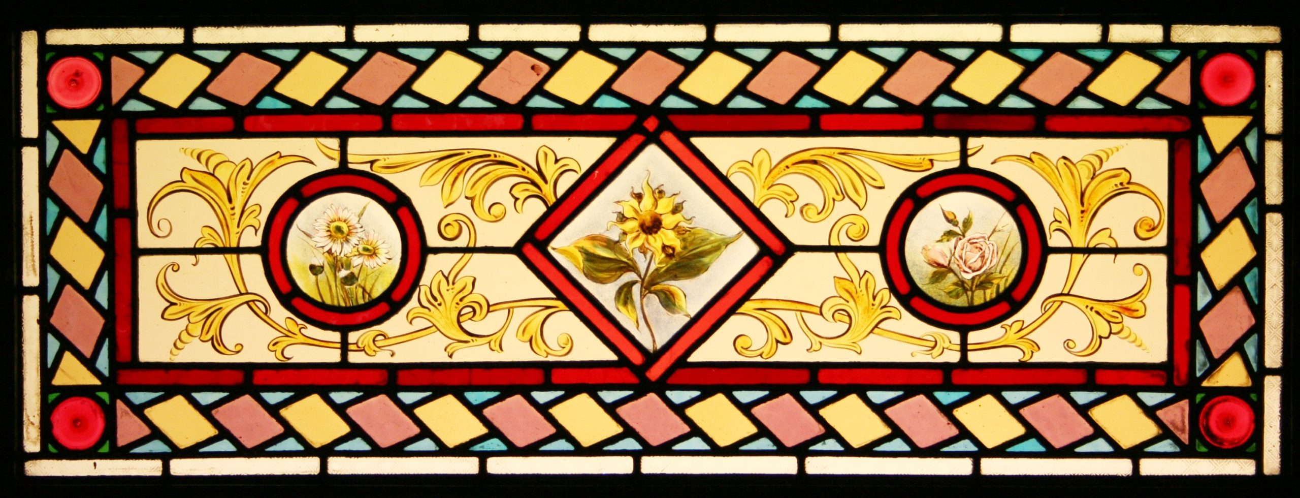 Ref: Vic486 - 2 Antique Victorian Stained Glass Windows - "Flowers & Bird Transom" - Image 3
