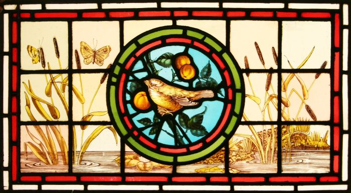 Ref: Vic487 - 2 Antique Victorian Stained Glass Windows - "Flowers & Bird Tramsom" - Image 2