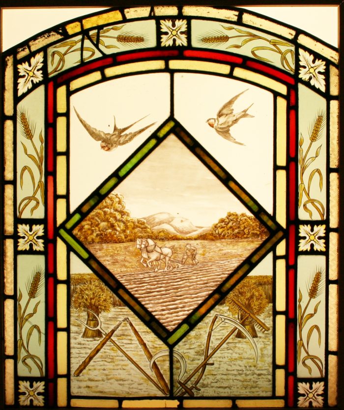 Ref: Vic510 - Antique Victorian Stained Glass Window - "Plowing ~ Sowing ~ Harvesting" - Image 2