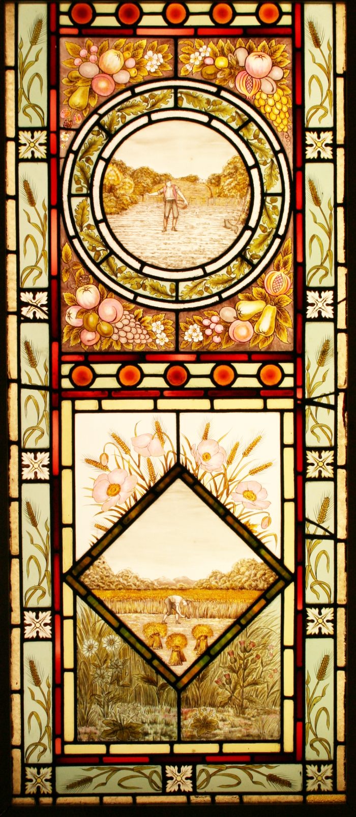 Ref: Vic510 - Antique Victorian Stained Glass Window - "Plowing ~ Sowing ~ Harvesting" - Image 3