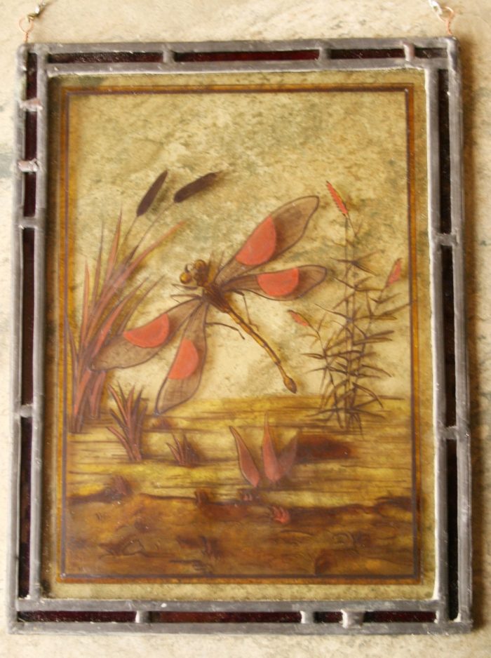 Ref: Ron392 - Roundels - Antique Stained Glass Window - "Bird & Dragonfly" - Image 4