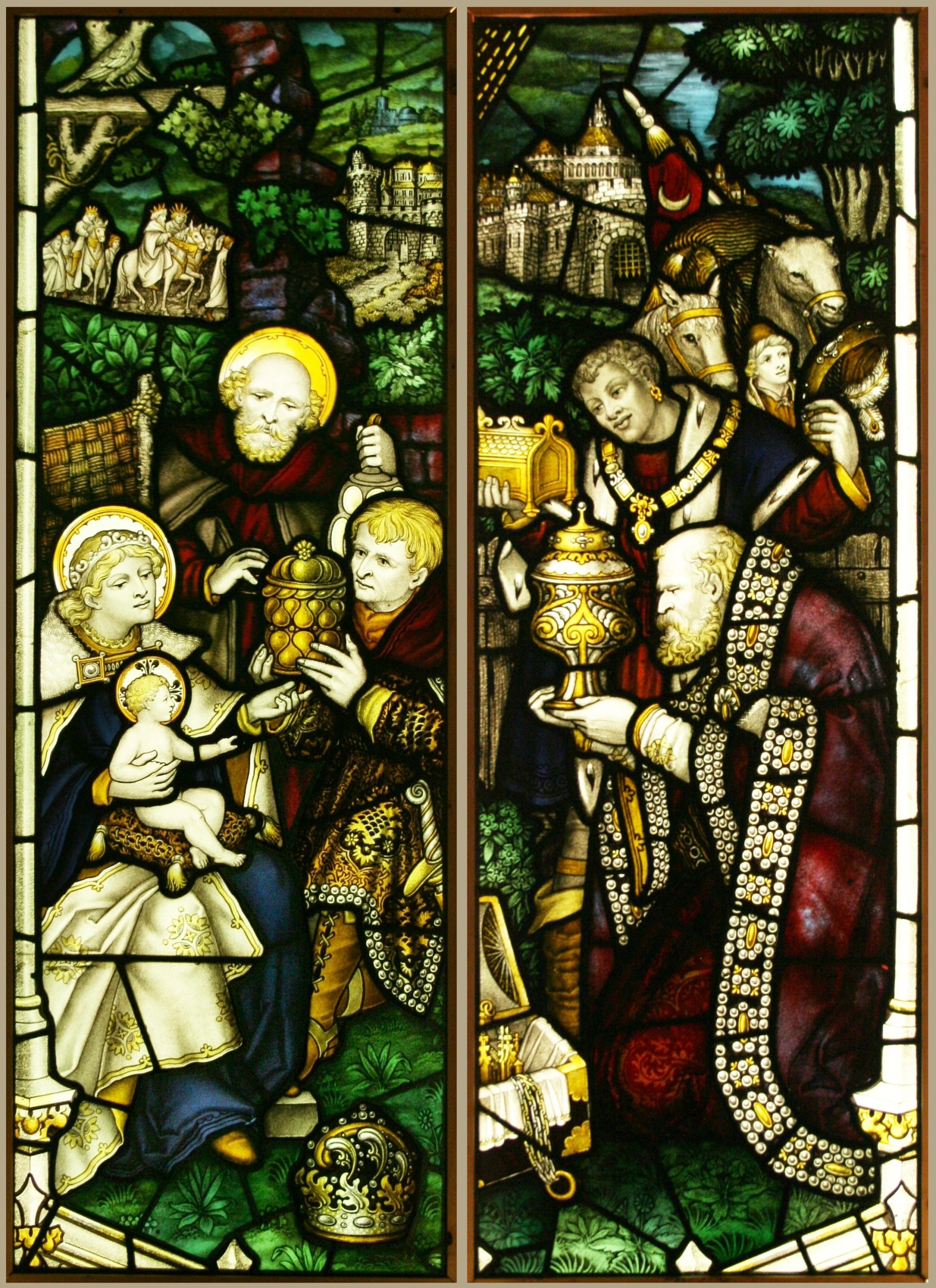 Ref: Rel312 - 2 Antique Religious Church Stained Glass Windows - "Worship of Kings" - Image 2