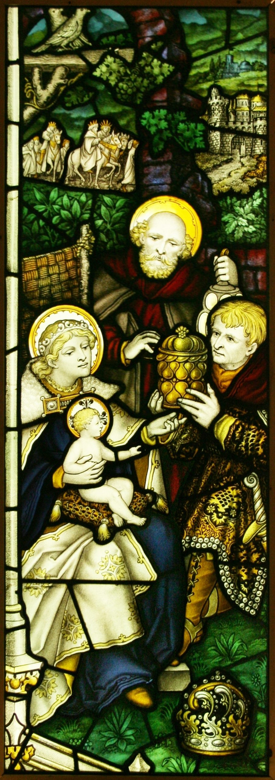 Ref: Rel312 - 2 Antique Religious Church Stained Glass Windows - "Worship of Kings" - Image 3