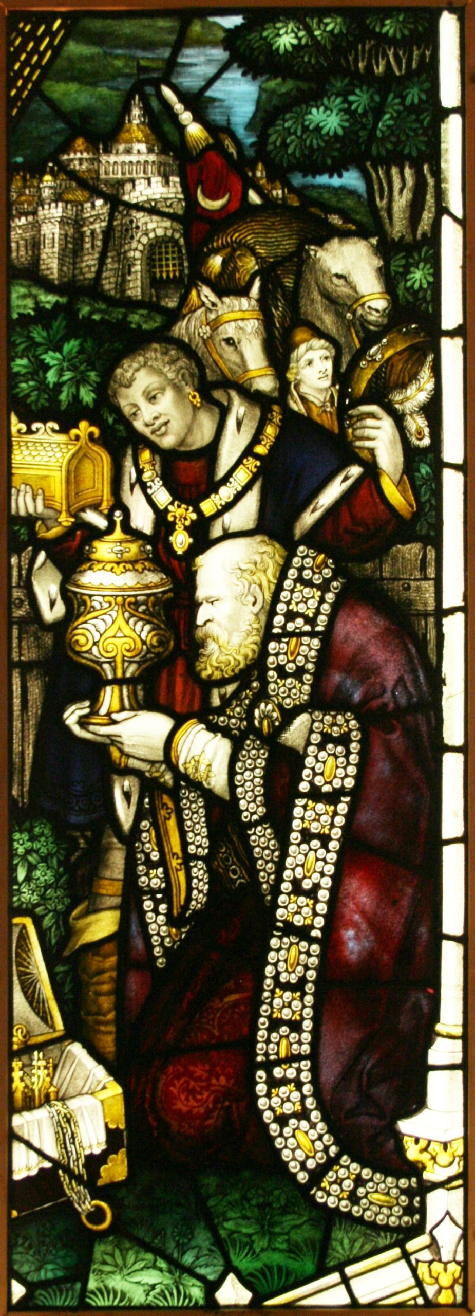 Ref: Rel312 - 2 Antique Religious Church Stained Glass Windows - "Worship of Kings" - Image 4