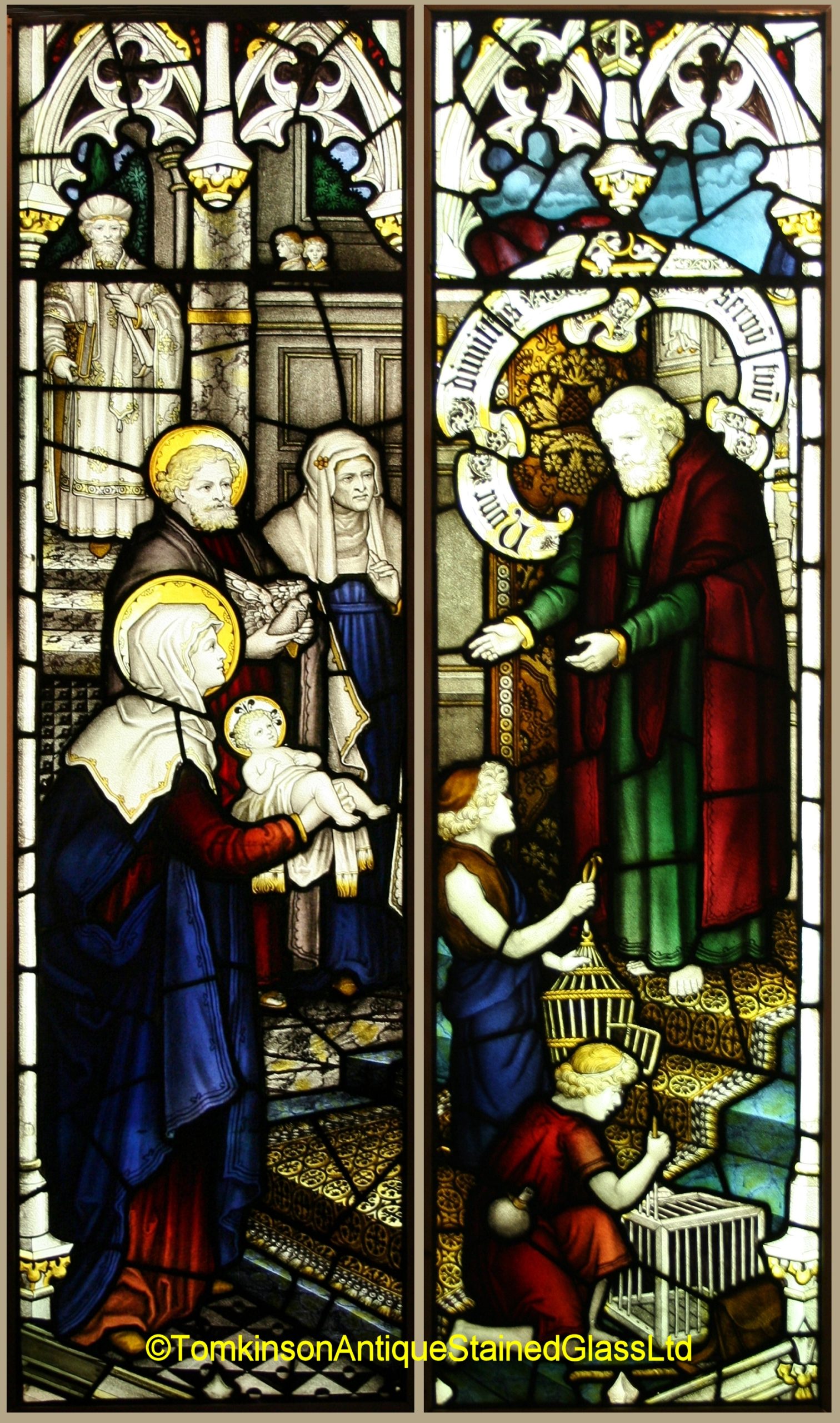 Ref: Rel317- Pair Antique Religious Church Stained Glass Windows - "The Presentation" - Image 2