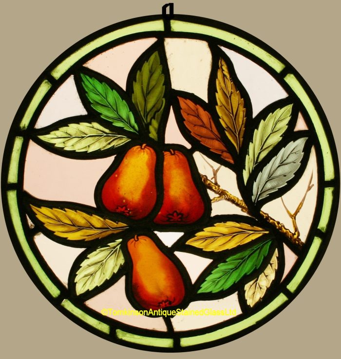 Ref: Ron408 - Roundel - Antique Stained Glass Window - "Pears & Foliage" - Image 2