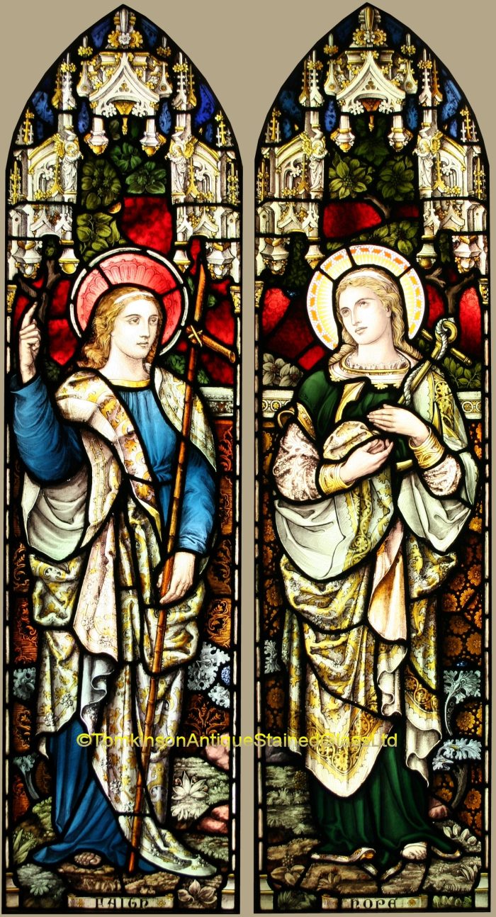 Ref: Rel332 - 2 Antique Religious Church Stained Glass Windows -  "St Faith & St Hope" - Image 2