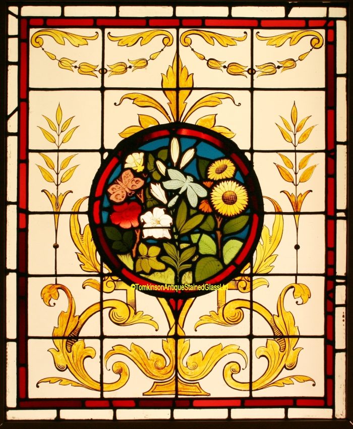 Ref: Vic539 - Victorian Stained Glass Window - Butterflies & Flowers - Image 2