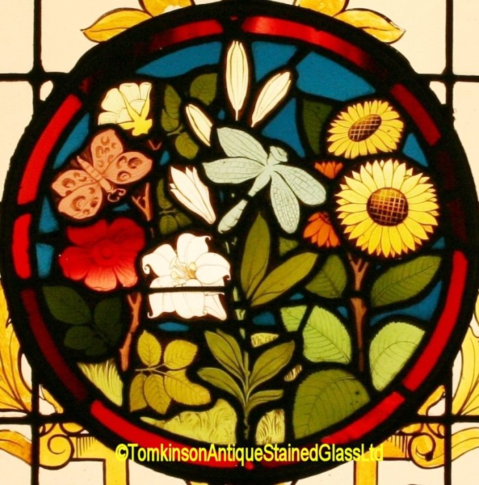 Ref: Vic539 - Victorian Stained Glass Window - Butterflies & Flowers - Image 3