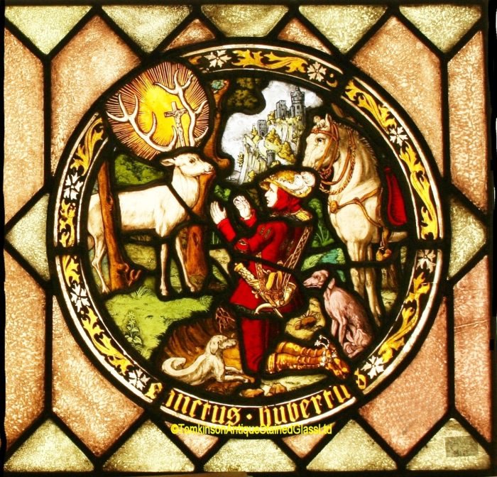 Ref: Ron426 - Roundels – 2 Antique Stained Glass Roundels - St Christopher & St Hubert - Image 5