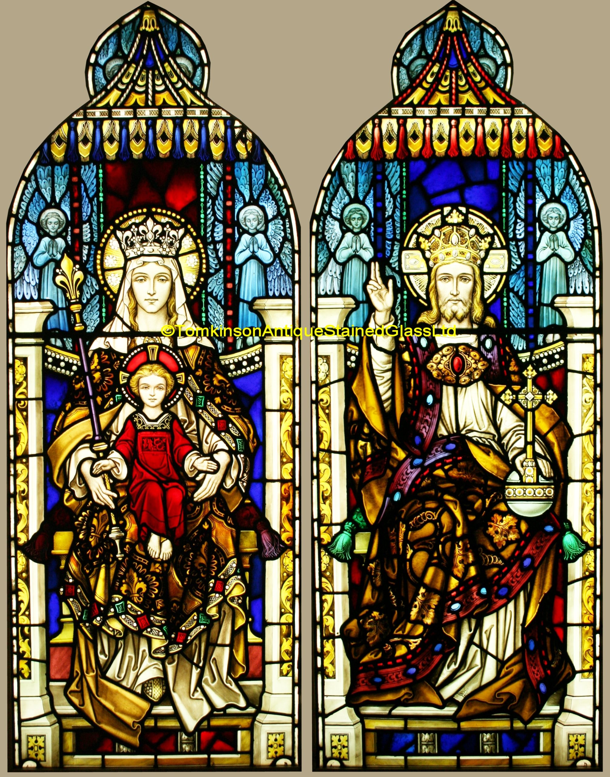 Ref: Rel343 - 2 Antique Religious Church Stained Glass Windows  - Virgin Mary & Jesus - Christ, King of Kings - Image 2