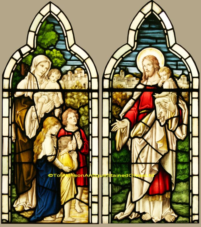 Ref: Rel346 - 2 Antique Religious Church Stained Glass Windows  - Jesus Blessing the Chrildren - Image 2