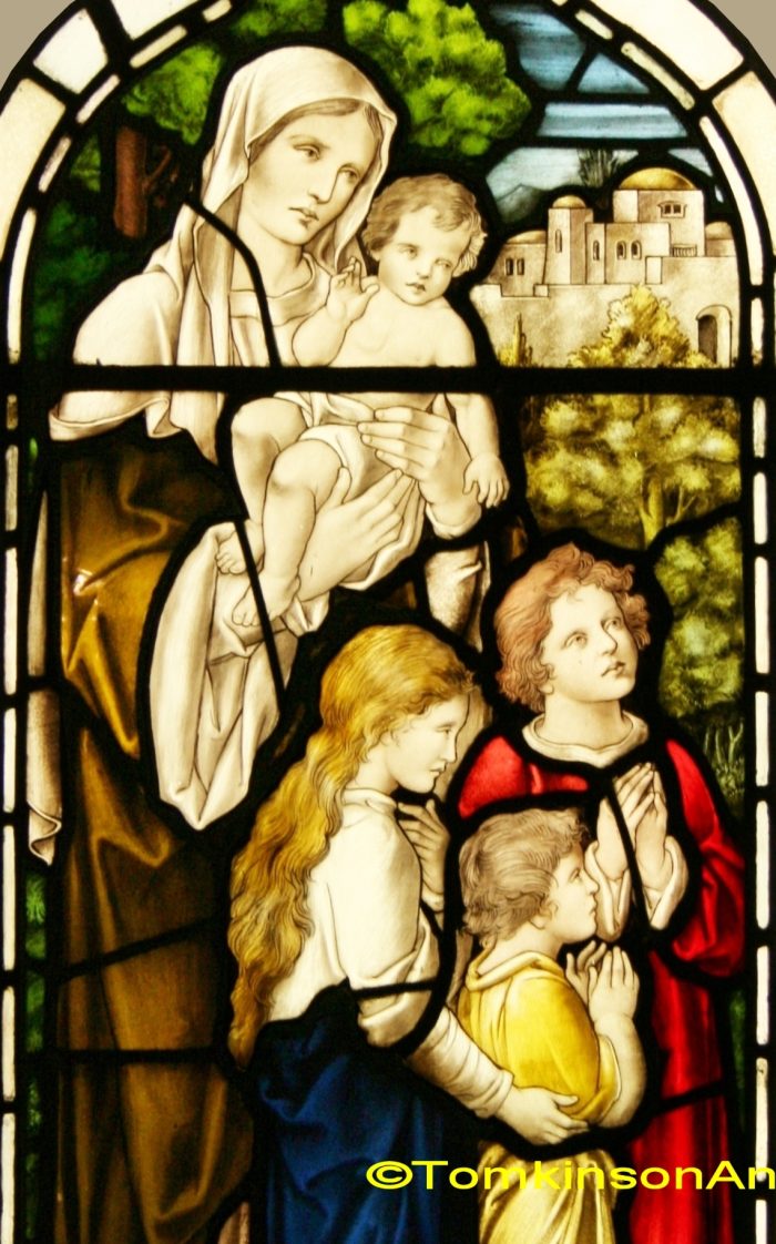 Ref: Rel346 - 2 Antique Religious Church Stained Glass Windows  - Jesus Blessing the Chrildren - Image 3