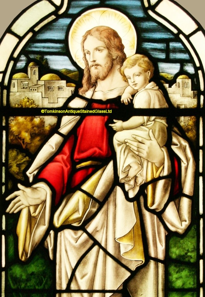 Ref: Rel346 - 2 Antique Religious Church Stained Glass Windows  - Jesus Blessing the Chrildren - Image 4