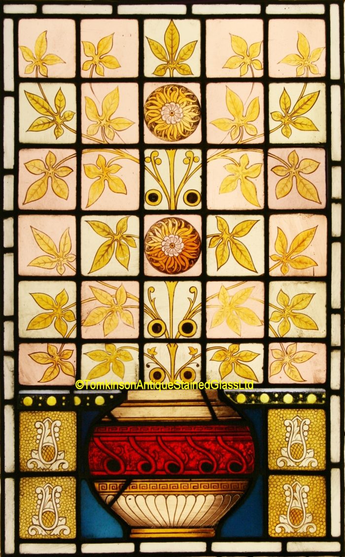 Ref: Vic553 - Victorian Stained Glass Window - Arts & Crafts Urn of Flowers - Image 2