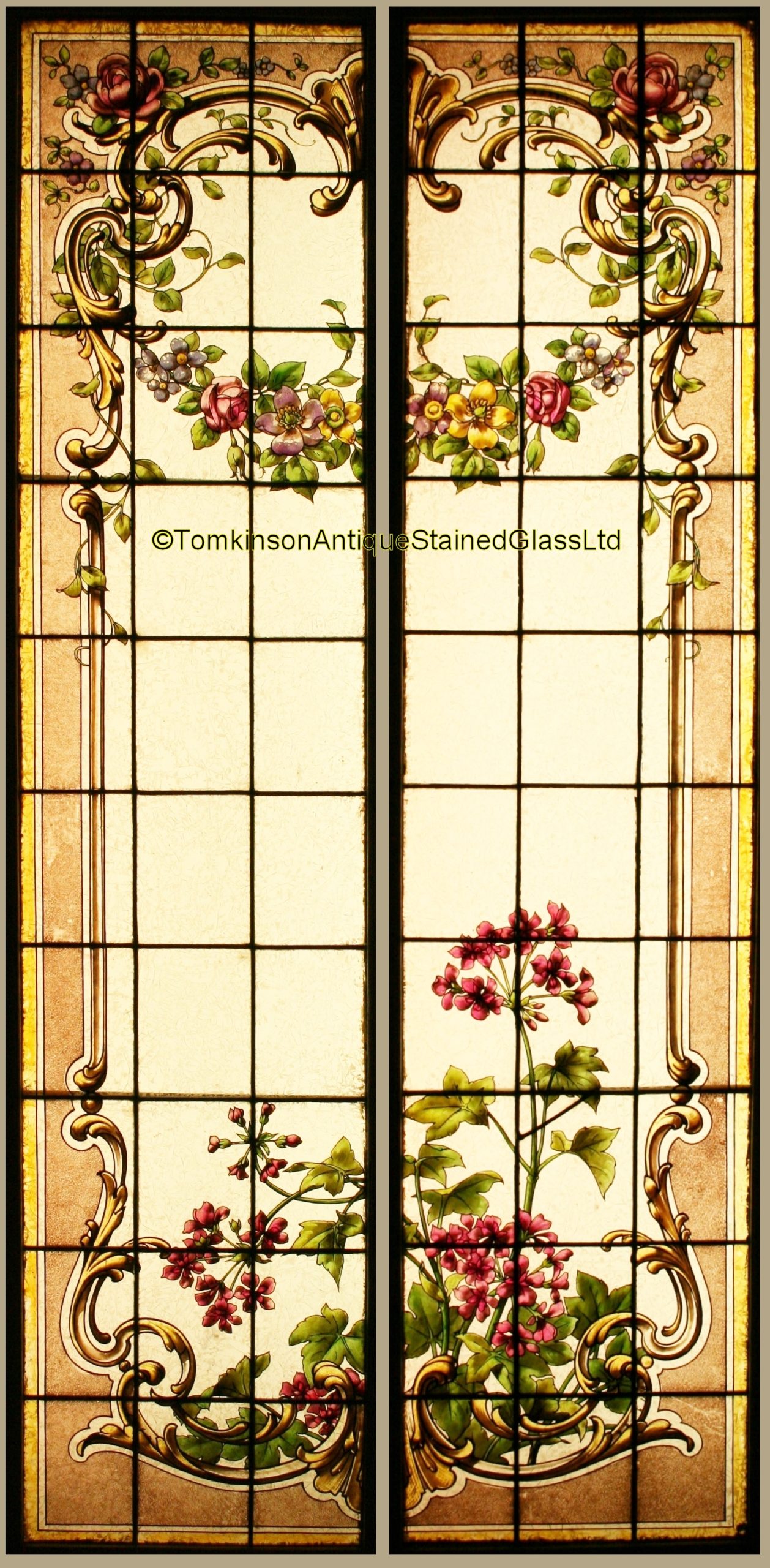 Ref: Fre268 - Pair Antique French Stained Glass Windows - Garlands of Flowers - Image 2