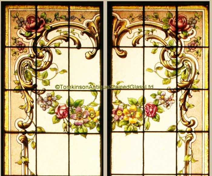 Ref: Fre268 - Pair Antique French Stained Glass Windows - Garlands of Flowers - Image 3