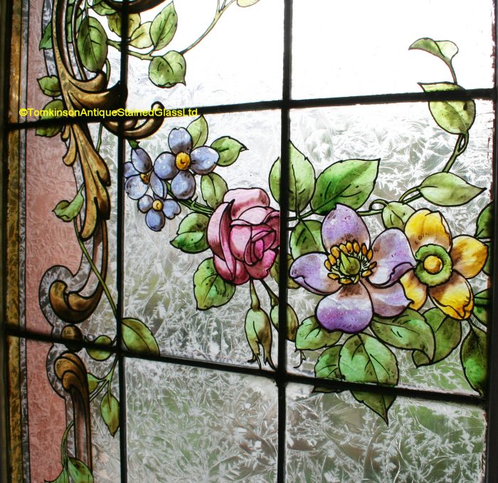Ref: Fre268 - Pair Antique French Stained Glass Windows - Garlands of Flowers - Image 6