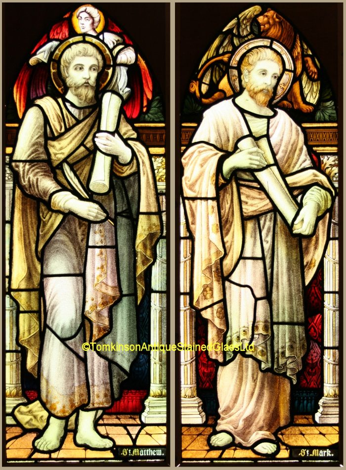 Ref: Rel348 - 2 Antique Religious Church Stained Glass Windows  - St Matthew & St Mark - Image 2