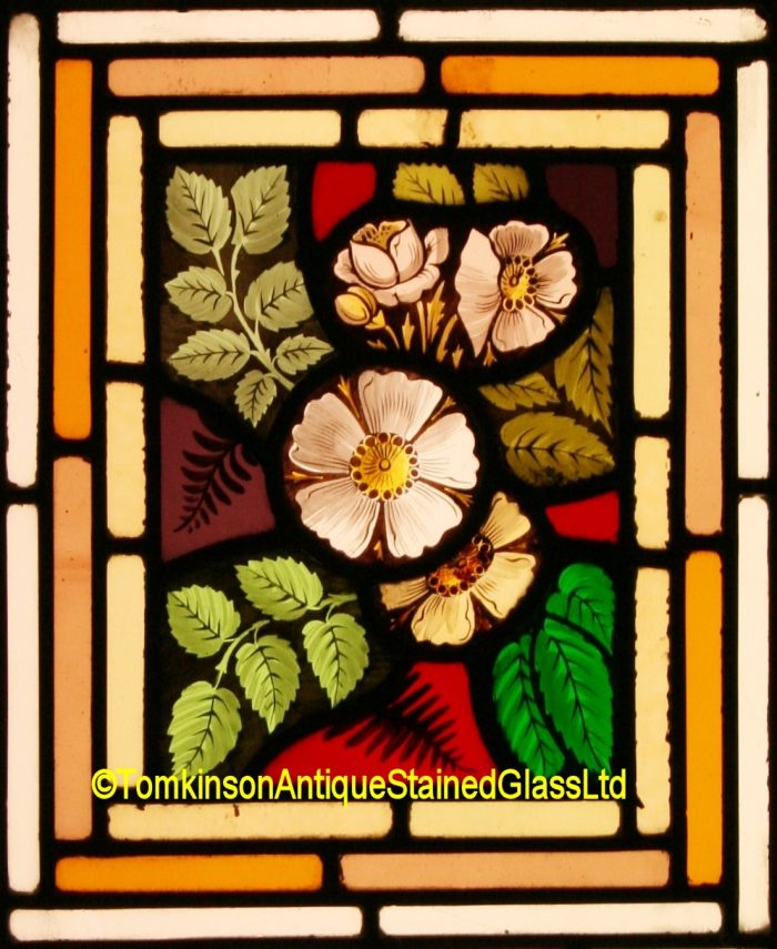 Ref: Ed339 - 2 Antique Stained Glass Windows - Roses and Foliage - Image 3