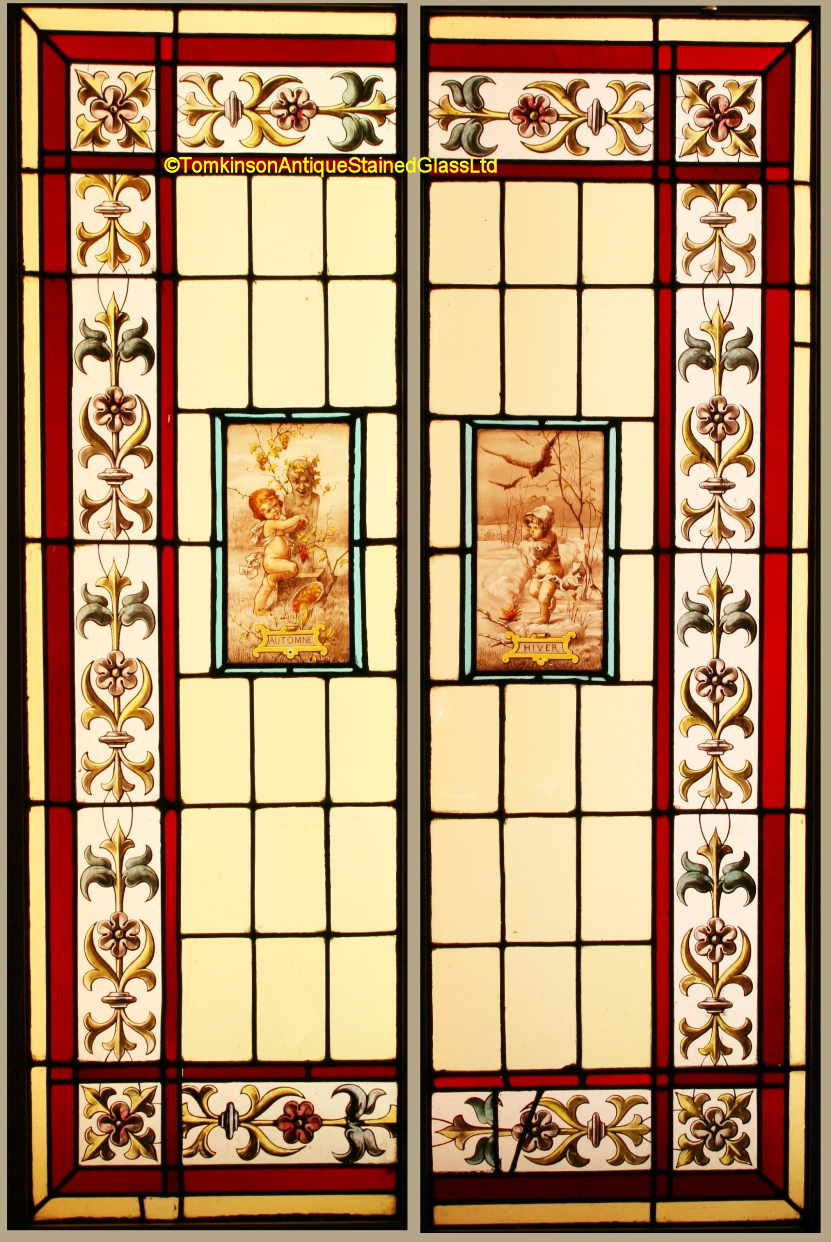 Ref: Fre271 - Pair Antique French Stained Glass Windows - Autumn & Winter - Image 2