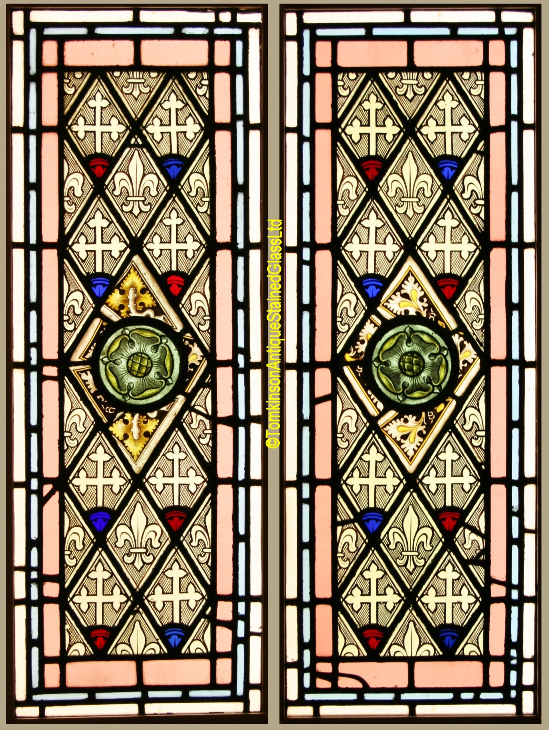 Ref: Vic571 - 2 Victorian Stained Glass Windows - Grisaille Windows - Image 2