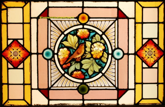 Ref: Vic573 - Victorian Stained Glass Window - Bird & Flowers - Image 2