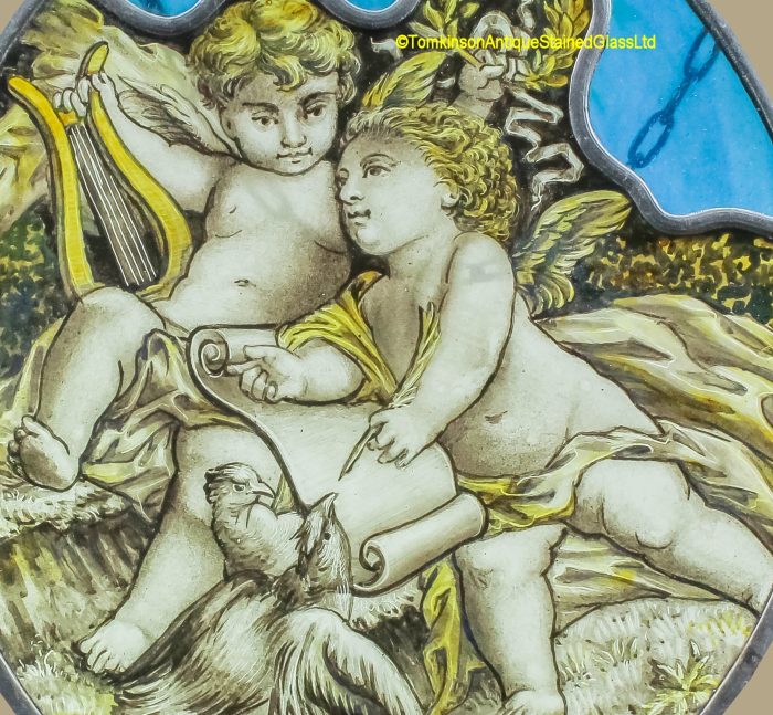 Ref: Ron467 - Roundel – 2 Antique Stained Glass Panels - Musical Cherubs - Image 3