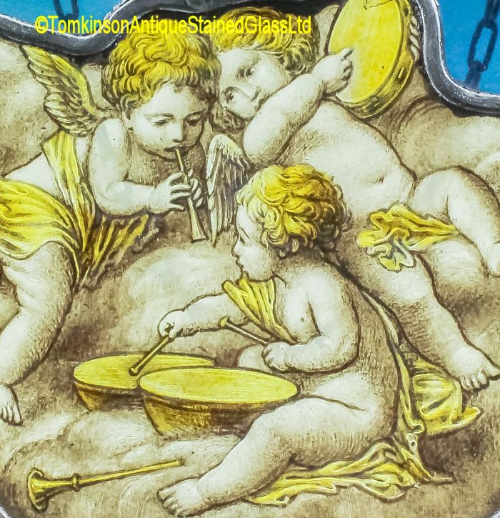 Ref: Ron467 - Roundel – 2 Antique Stained Glass Panels - Musical Cherubs - Image 5