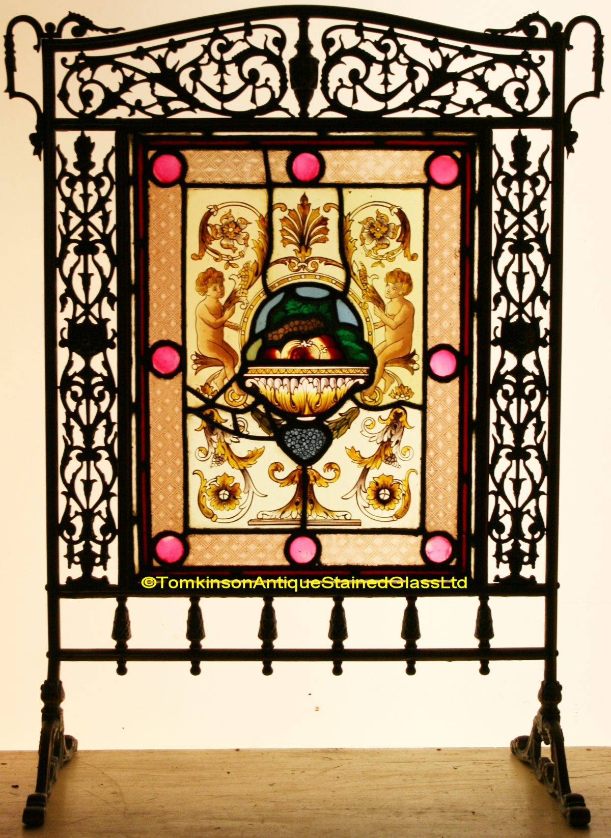 Victorian Brass Fire Screen with Stained Glass Tomkinson Stained Glass