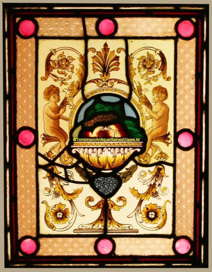 Ref: Vic575 - Victorian Stained Glass Fire Screen - Urn of Fruit - Image 5