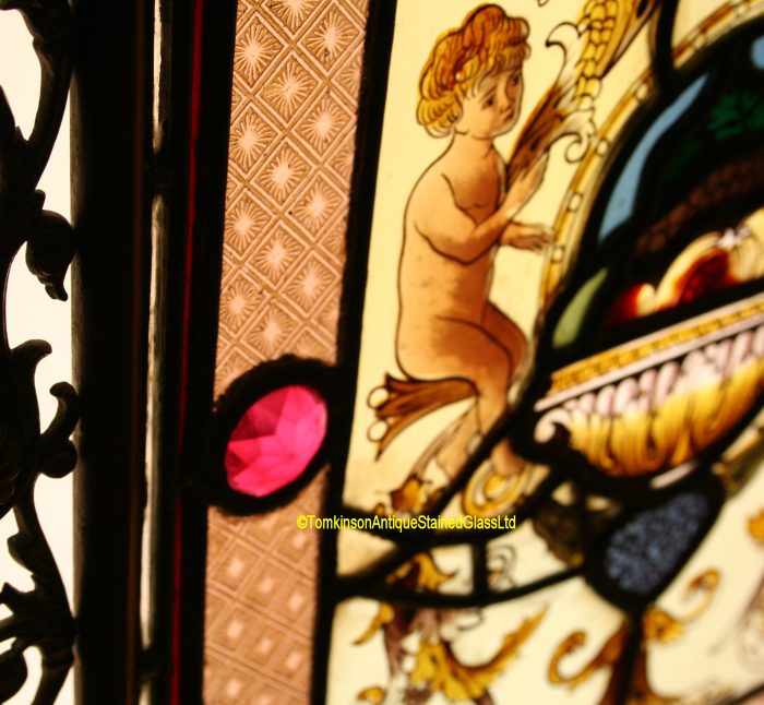 Ref: Vic575 - Victorian Stained Glass Fire Screen - Urn of Fruit - Image 6