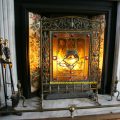 Victorian Brass Fire Screen with Stained Glass