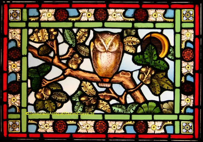 Ref: Vic586 - Victorian Stained Glass Window - Owl & Moon - Image 2
