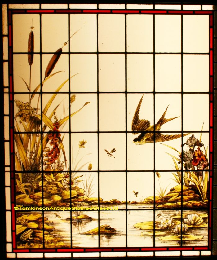 Ref: Vic587 - 2 Victorian Stained Glass Windows  - Birds & Pond Scene - Image 6