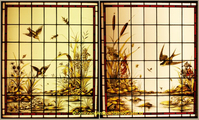 Ref: Vic587 - 2 Victorian Stained Glass Windows  - Birds & Pond Scene - Image 2