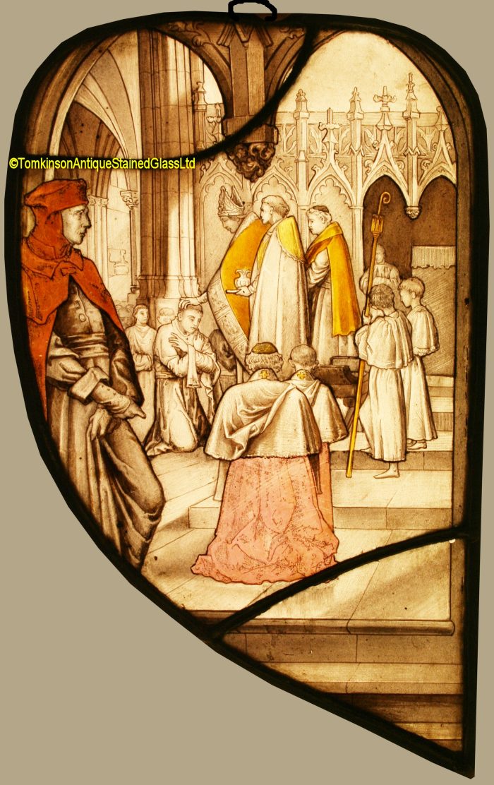 Ref: Ron476 - Roundel – Antique Stained Glass Panel - Holy Orders - Image 2