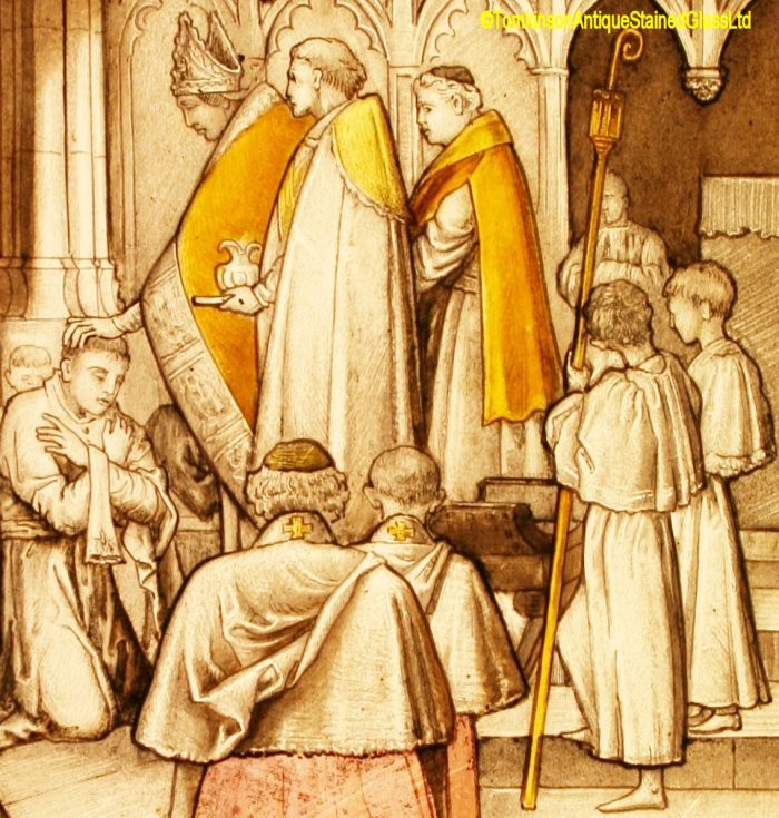 Ref: Ron476 - Roundel – Antique Stained Glass Panel - Holy Orders - Image 3