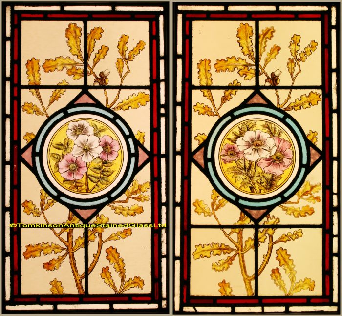 Ref: Vic589 - 2 Victorian Stained Glass Windows  - Acorns & Roses - Image 2