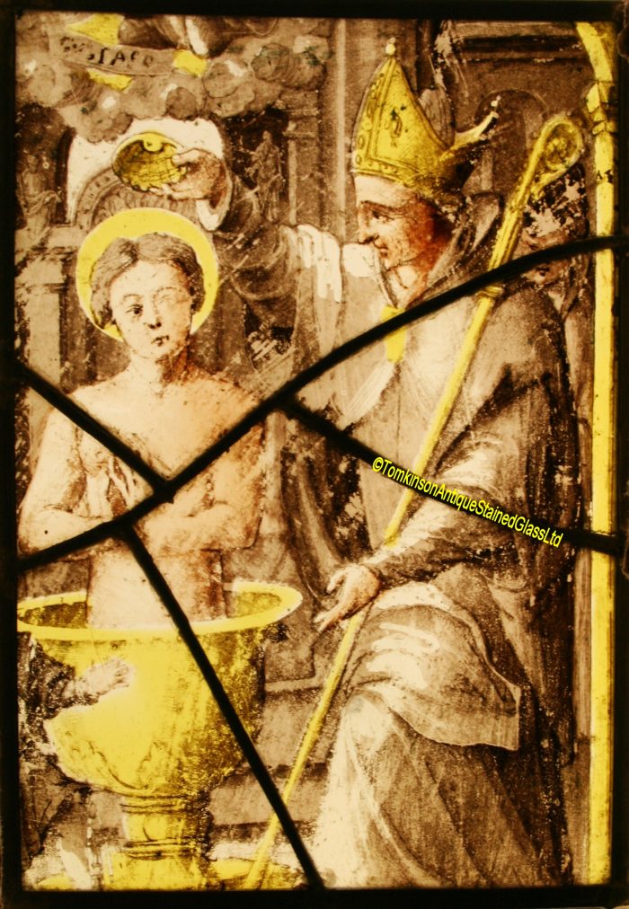 Saint Remigius baptising King Clovis. Stained Glass