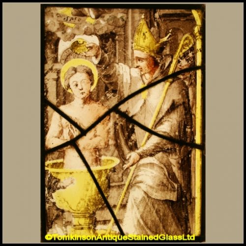 Saint Remigius baptising King Clovis. Stained Glass